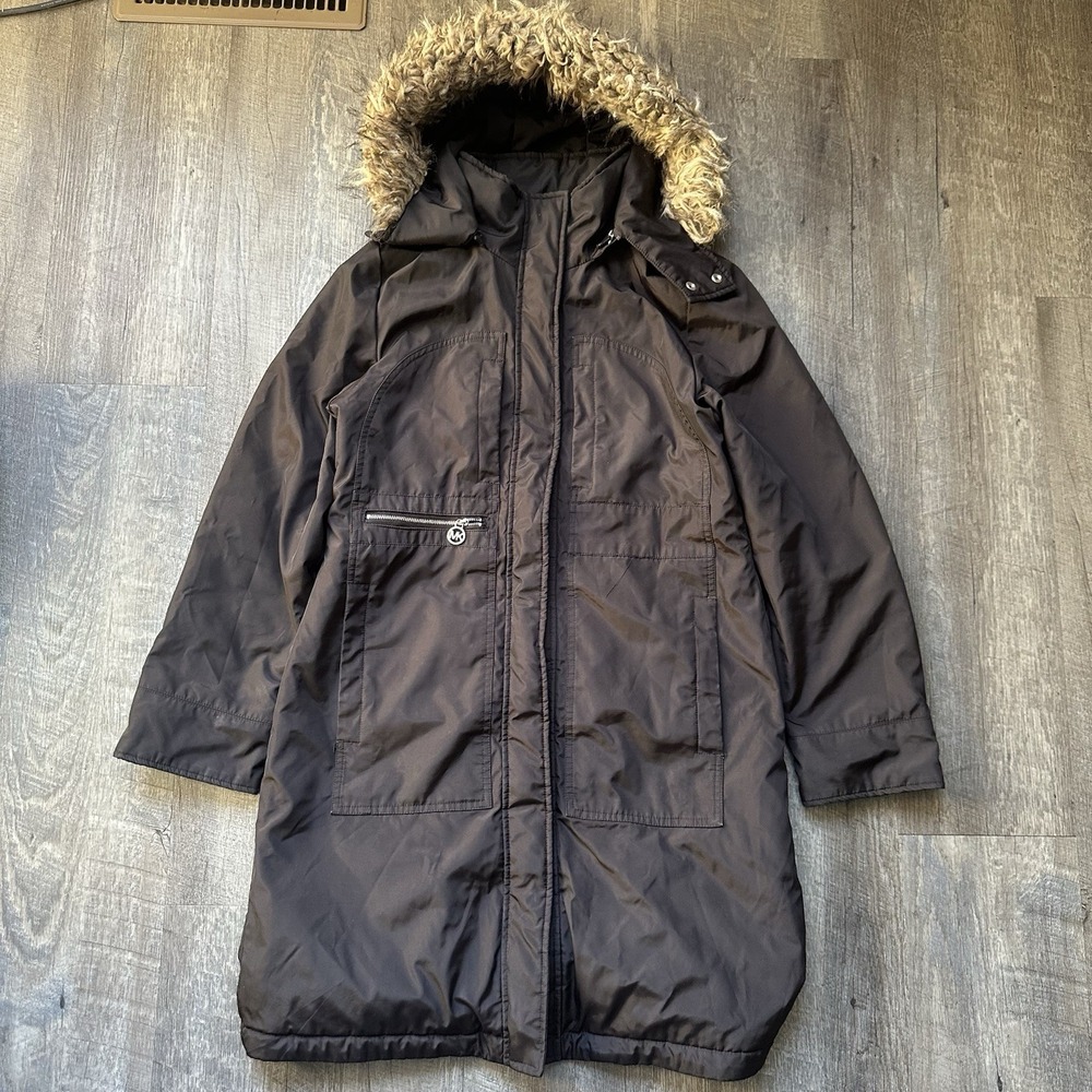 M.‎ Kors S Parka/Long Coat, Dark Brown w/Removable Faux Fur Trimmed Hood Sz S